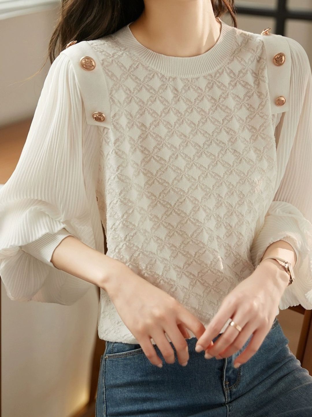 Lace Panel Mesh Long Sleeve T-Shirt -Black