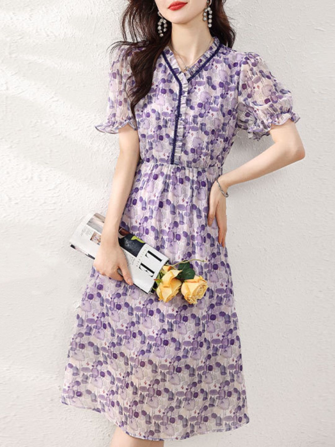 Retro V-Neck Printed Waist Dress