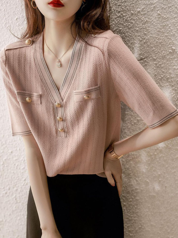 Retro V-Neck Knitted Thin Top