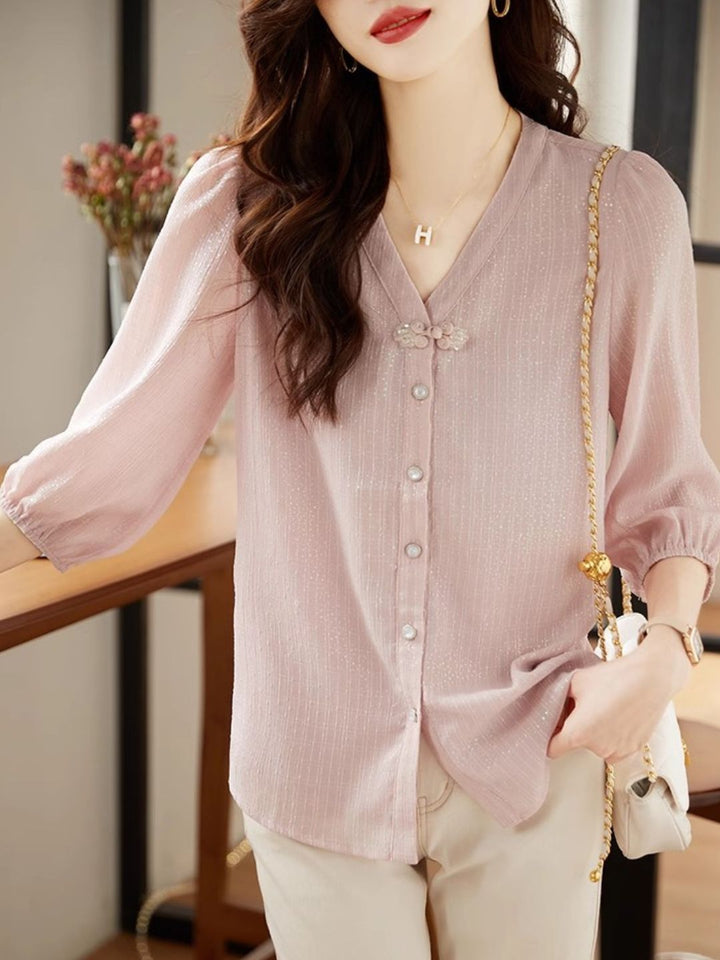 V-Neck Chiffon Shirt - Pink