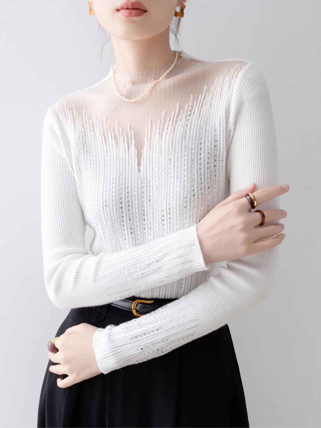 White Half Turtleneck Mesh Top