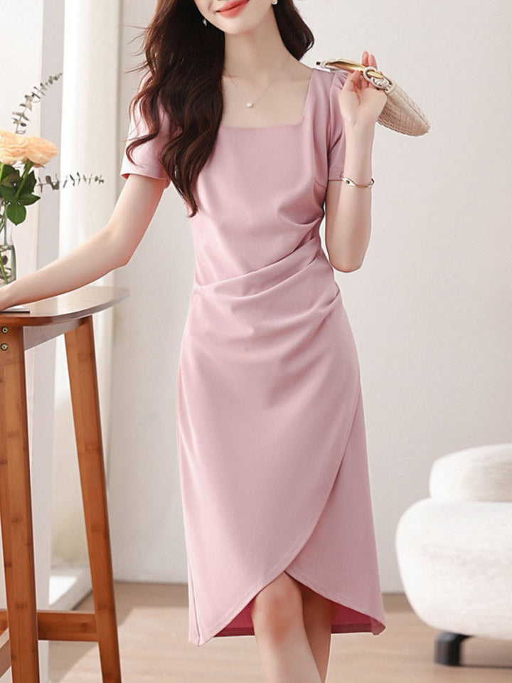 Solid Color Square Neck Slit Dress