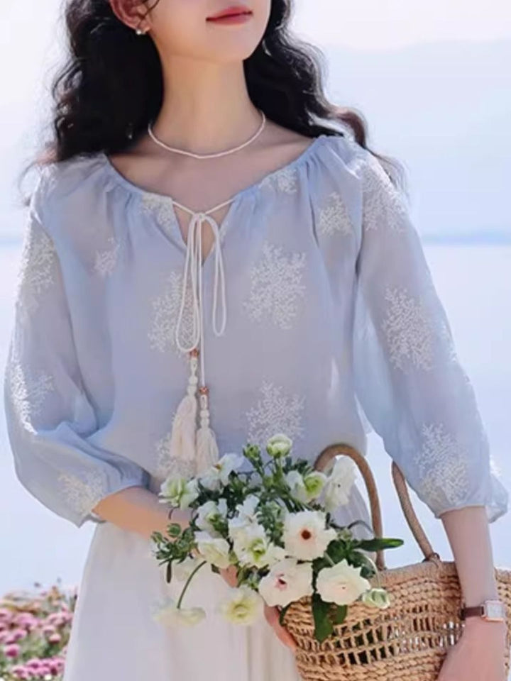 Embroidered Tassel Tie Top