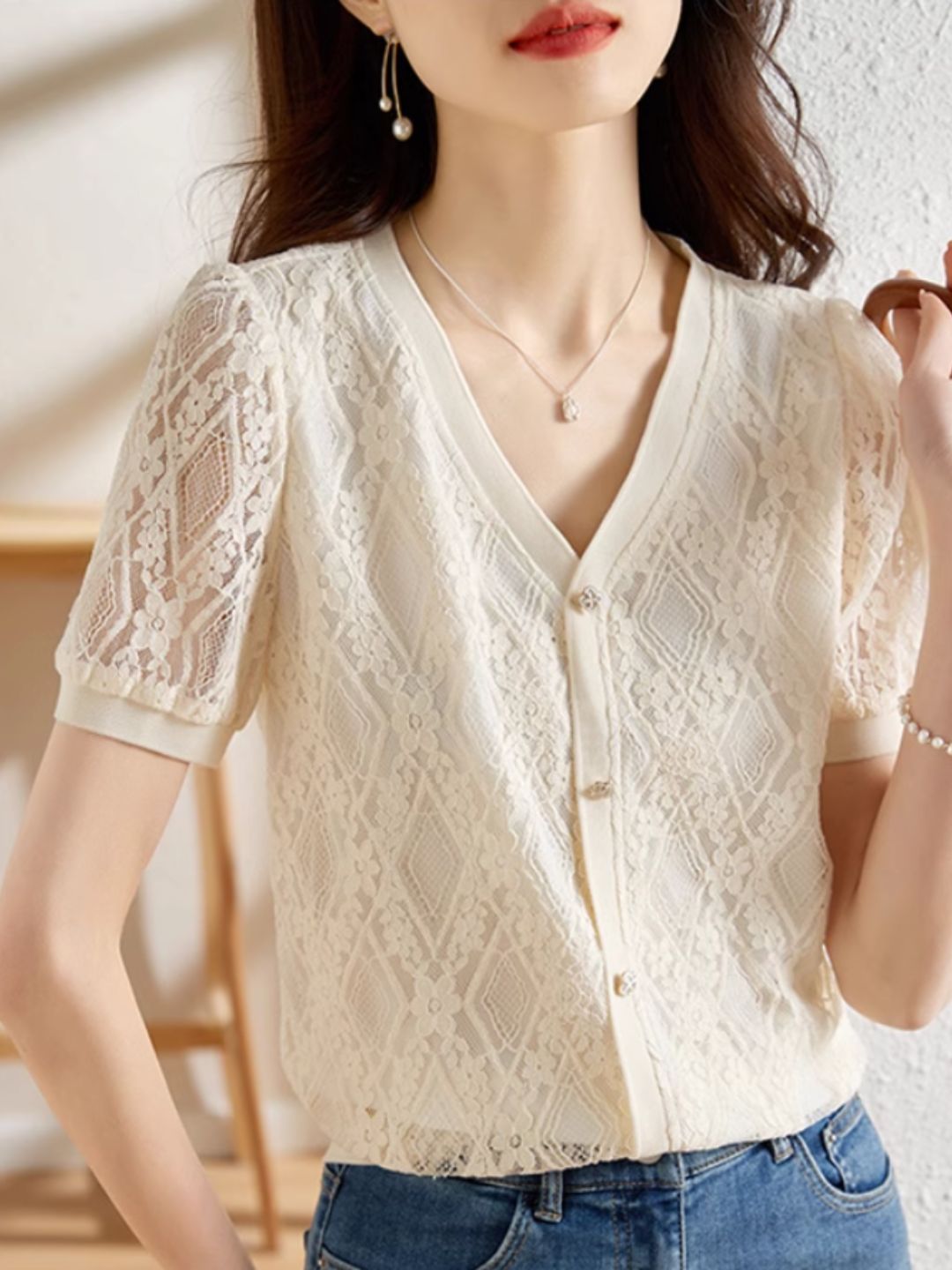 Elegant Lace Hollow V-Neck Top