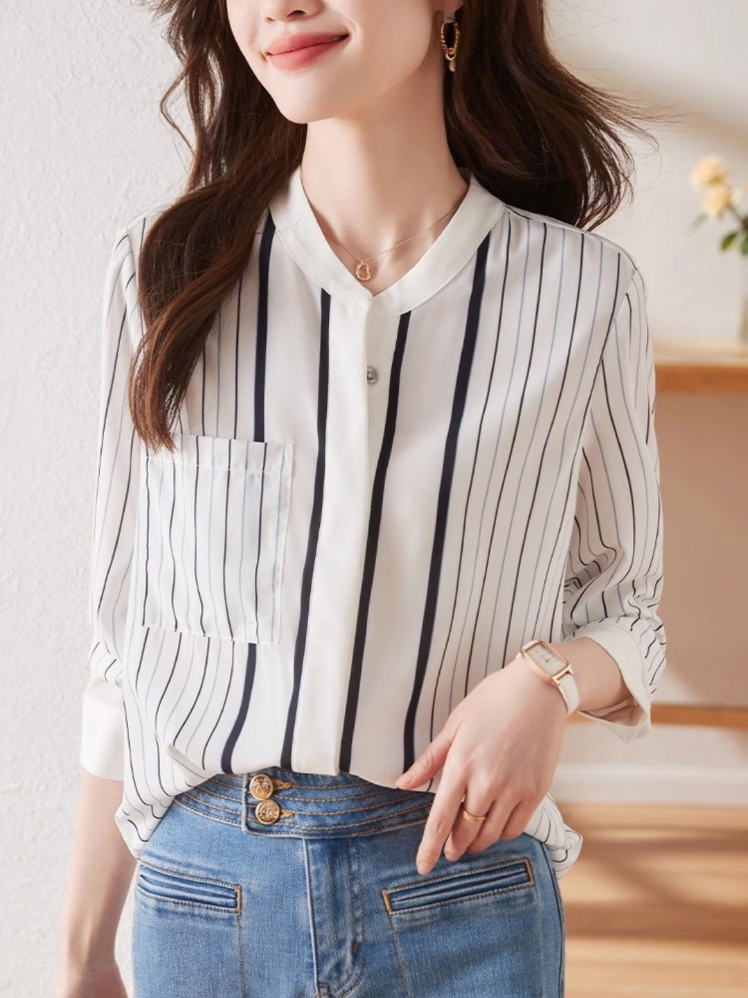 Striped Stand Collar Chiffon Shirt