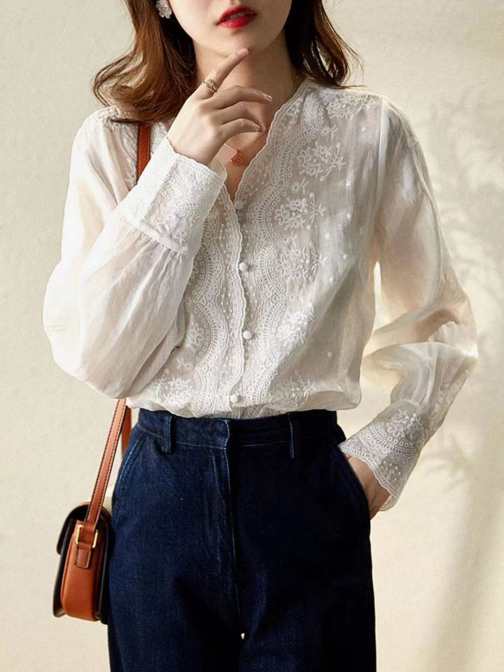 Simple Design V-Neck Shirt White