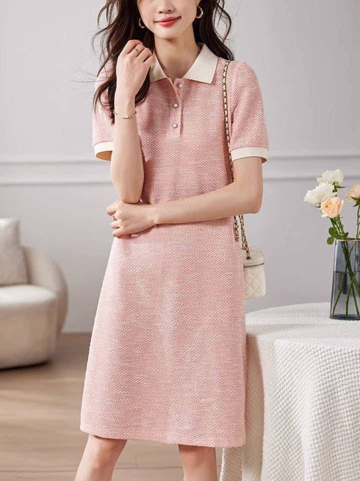 Contrast Color Lapel Textured Short Sleeve Dress
