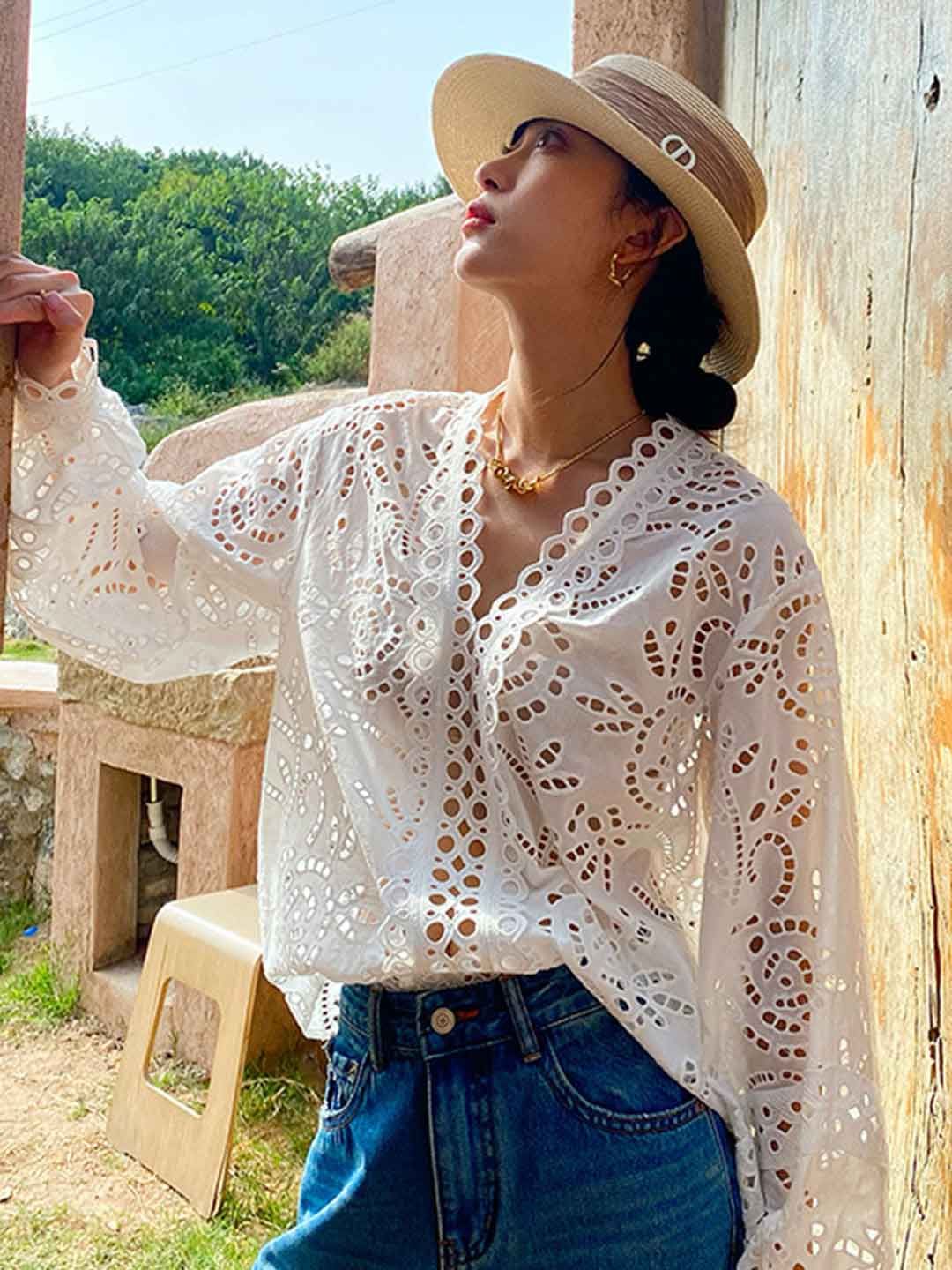 Classic V-neck Embroidered Top