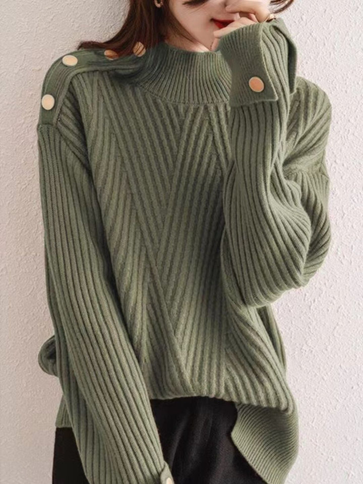 Half Turtleneck Solid Color Button Knitted Top