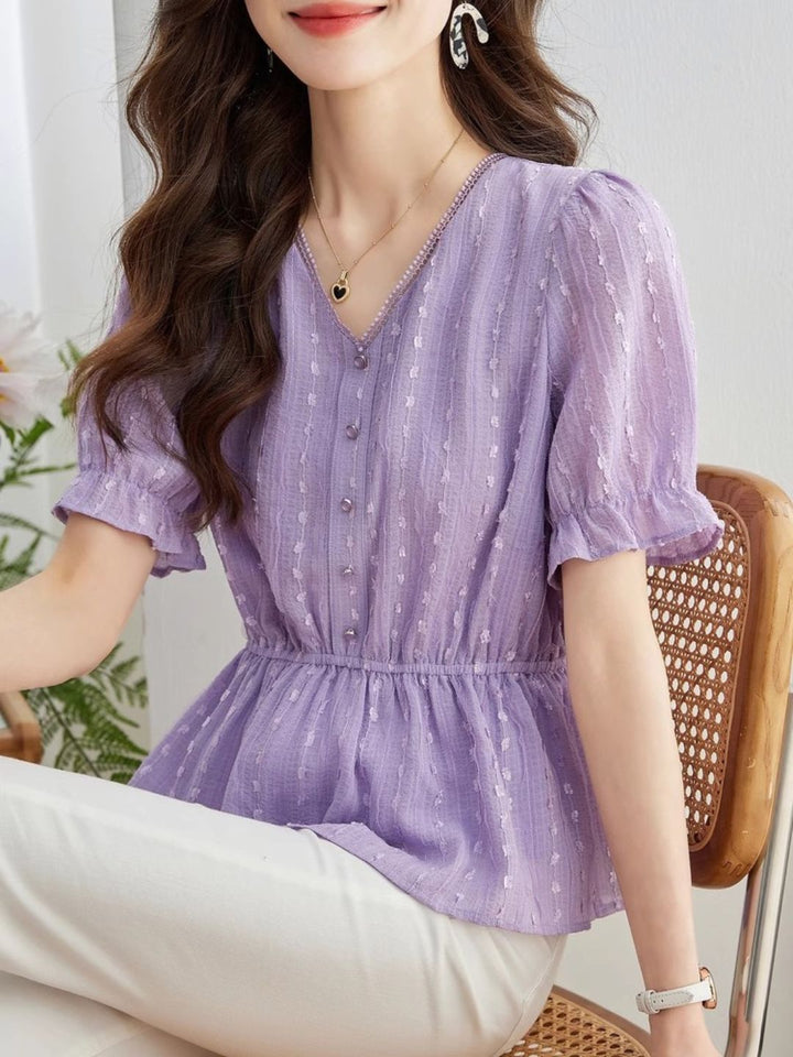 Loose Chiffon V-Neck Fashion Shirt -Purple
