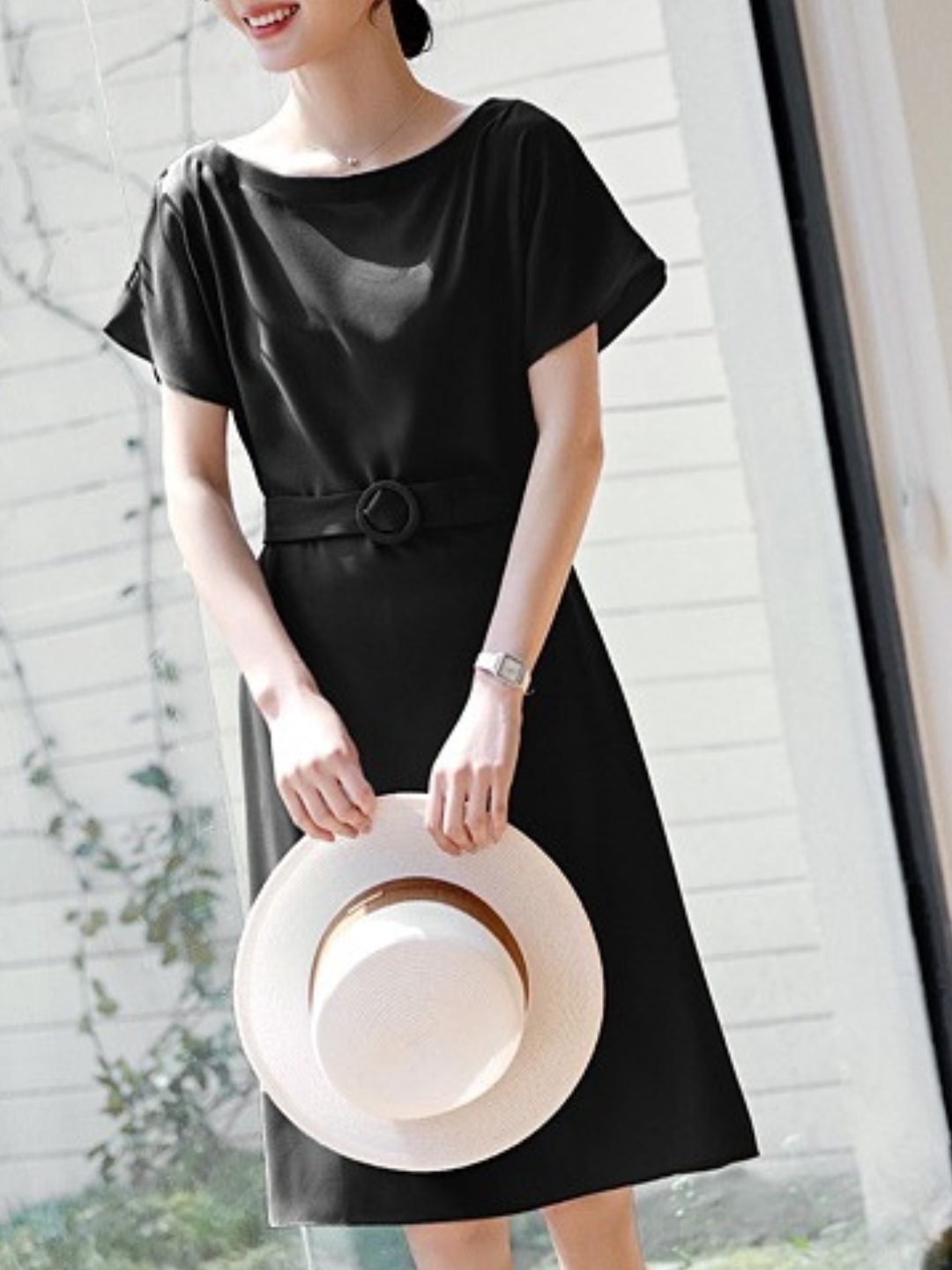 Classic Solid Color Waist Commuter Dress