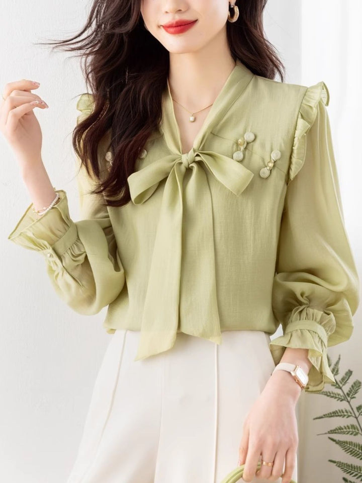 Chic Bow Chiffon Shirt - Green