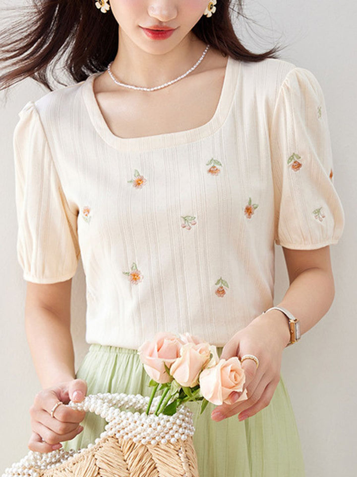 Square Neck Floral Puff Sleeve Top