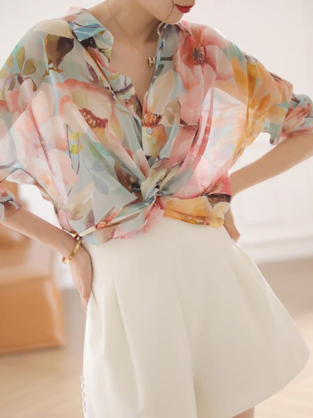 Loose V-Neck Printed Shirt