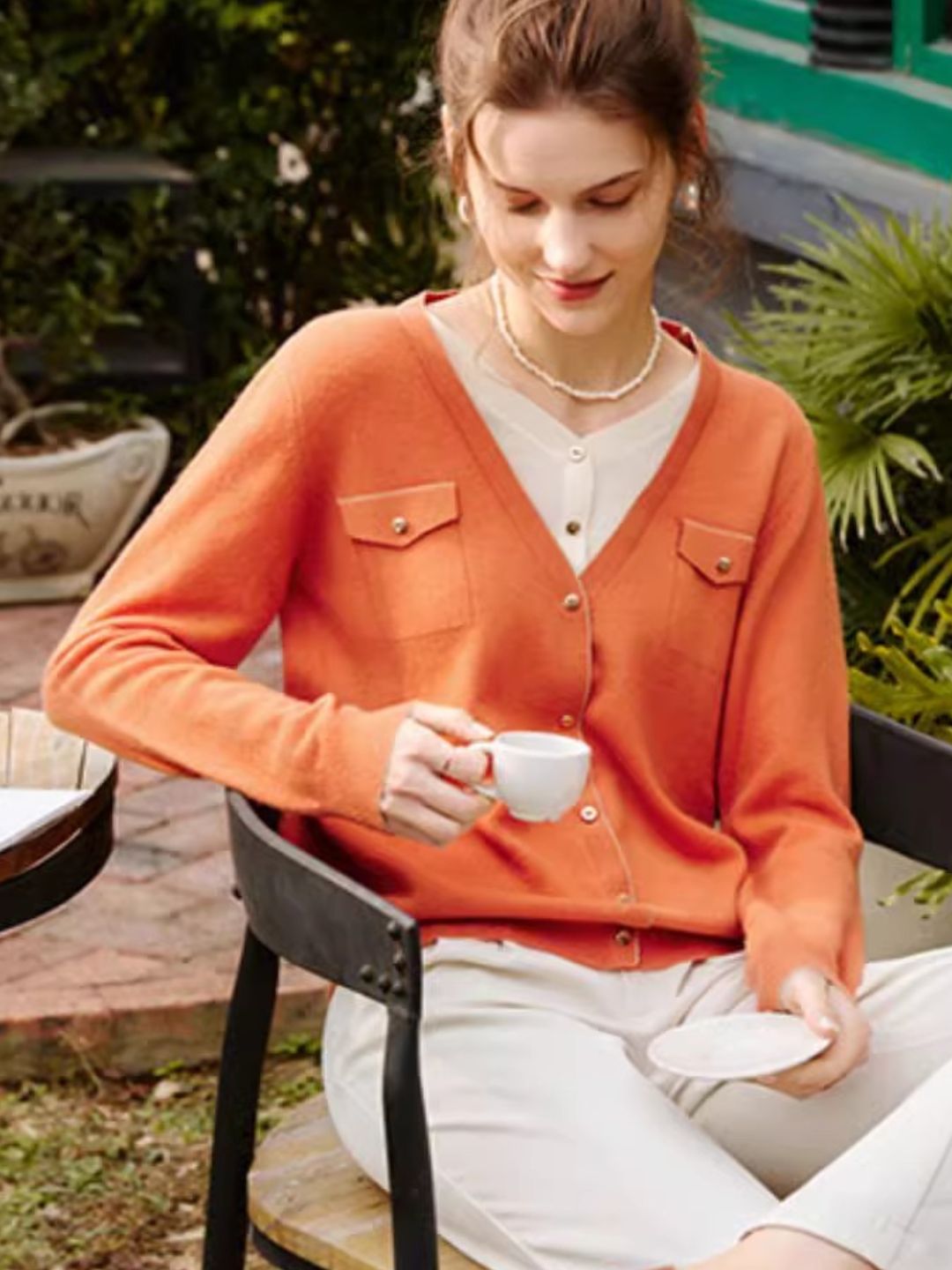 French Orange Lazy Style V-Neck Sweater