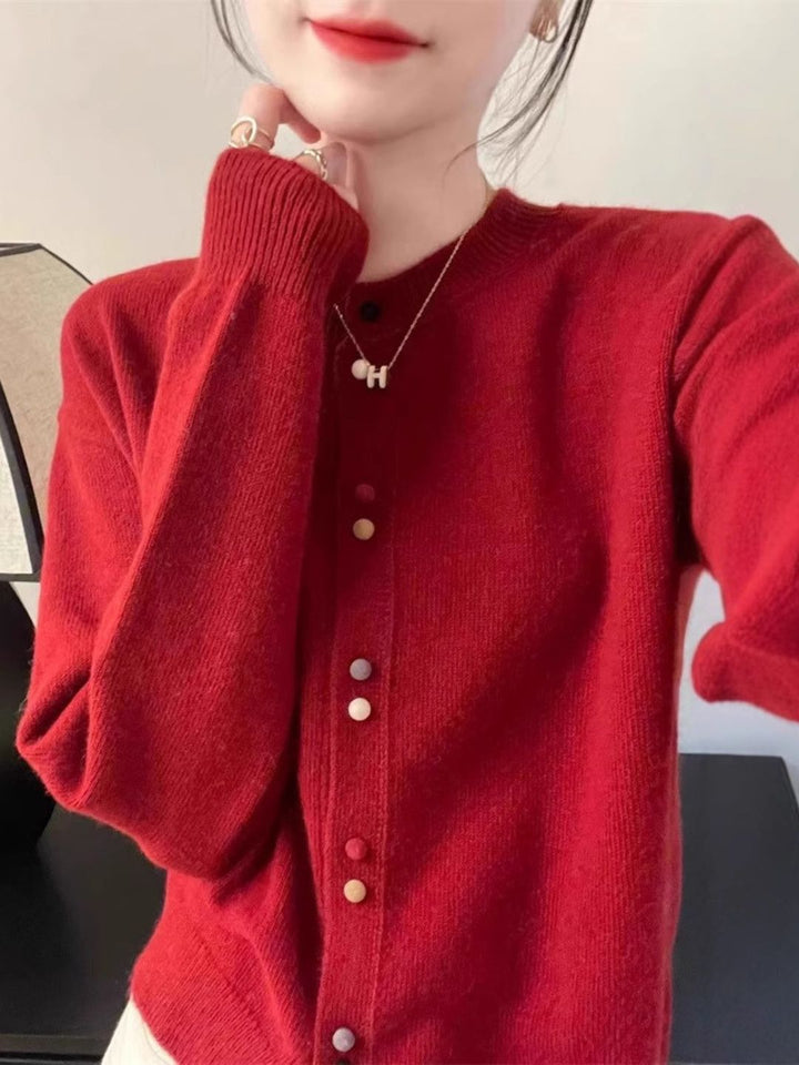 Vintage Crew Neck Knit Cardigan - Red