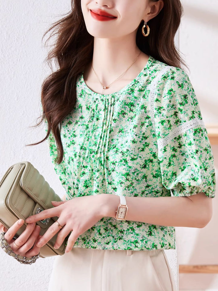 Round Neck Floral Puff Sleeve Chiffon Shirt - Green