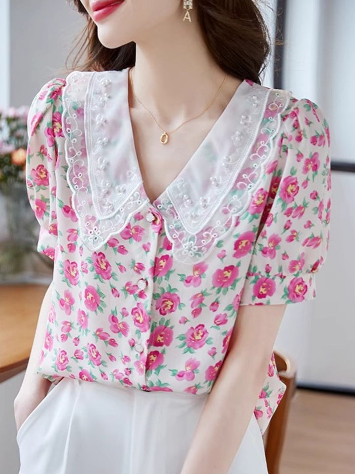 Classic Floral Printed Beaded Chiffon Shirt -Pink