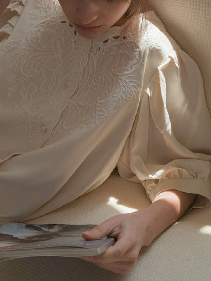Lantern Sleeve Embroidered Shirt