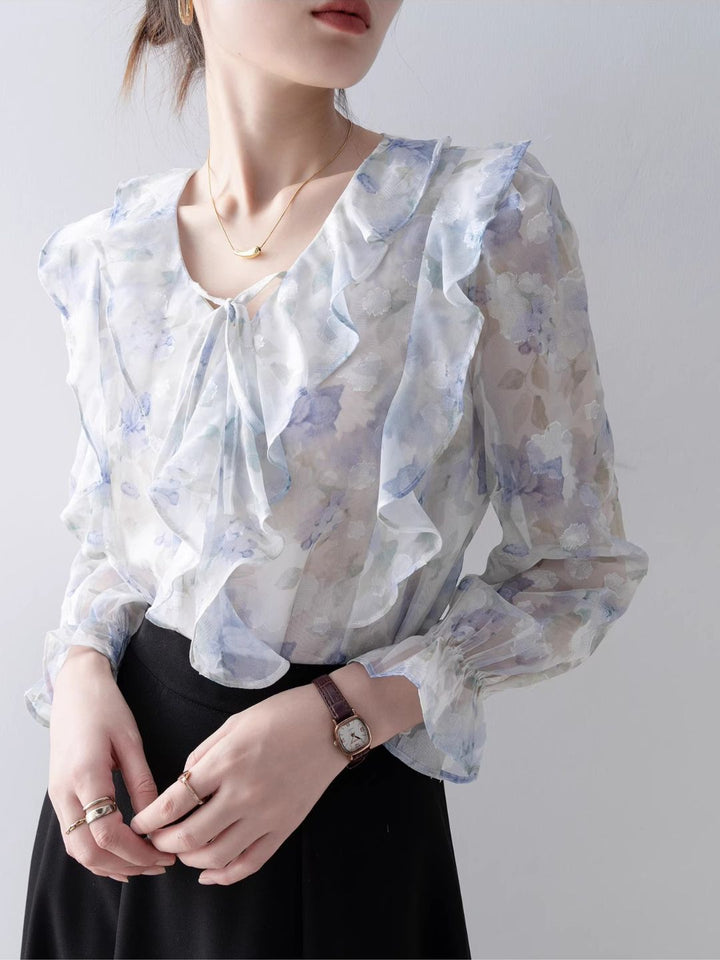 Elegant V-Neck Printed Chiffon Top