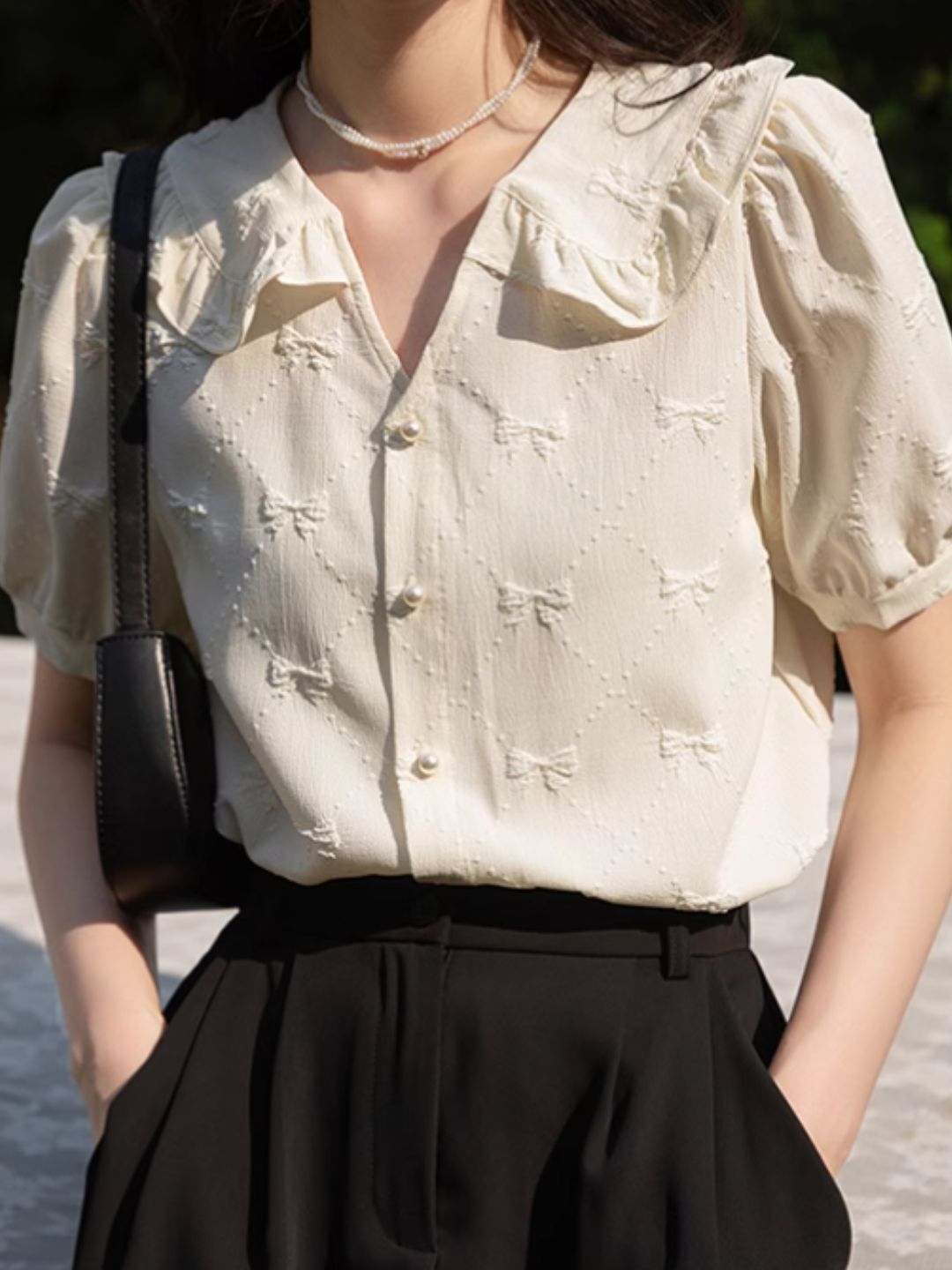 Bow Jacquard Short-sleeved Shirt