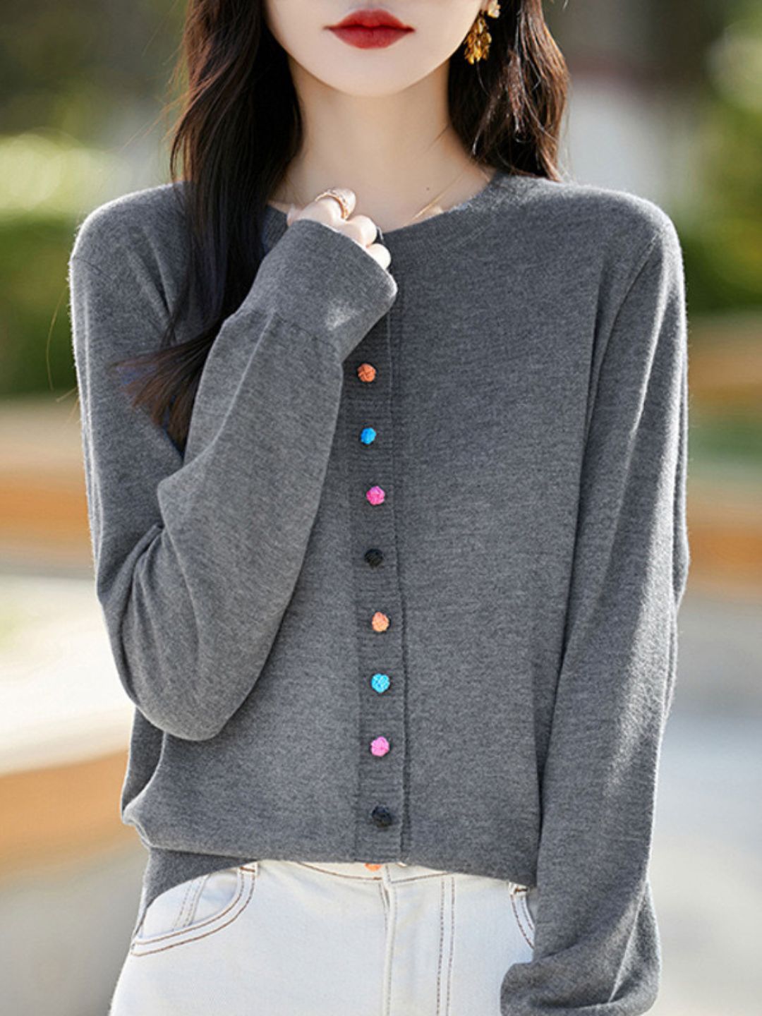 Classic Crew Neck Knit Cardigan -Grey