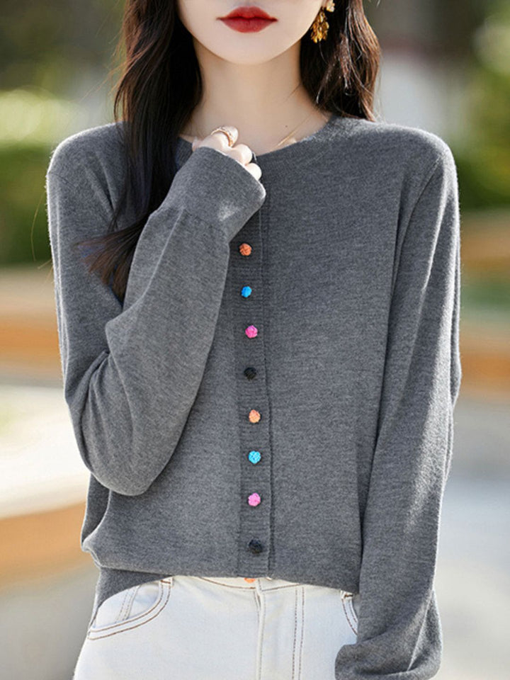 Classic Crew Neck Knit Cardigan -Grey