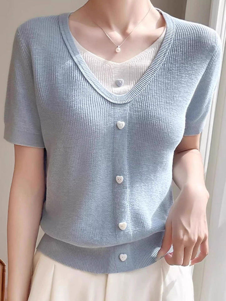 Casual V-neck Patchwork Knitted Top