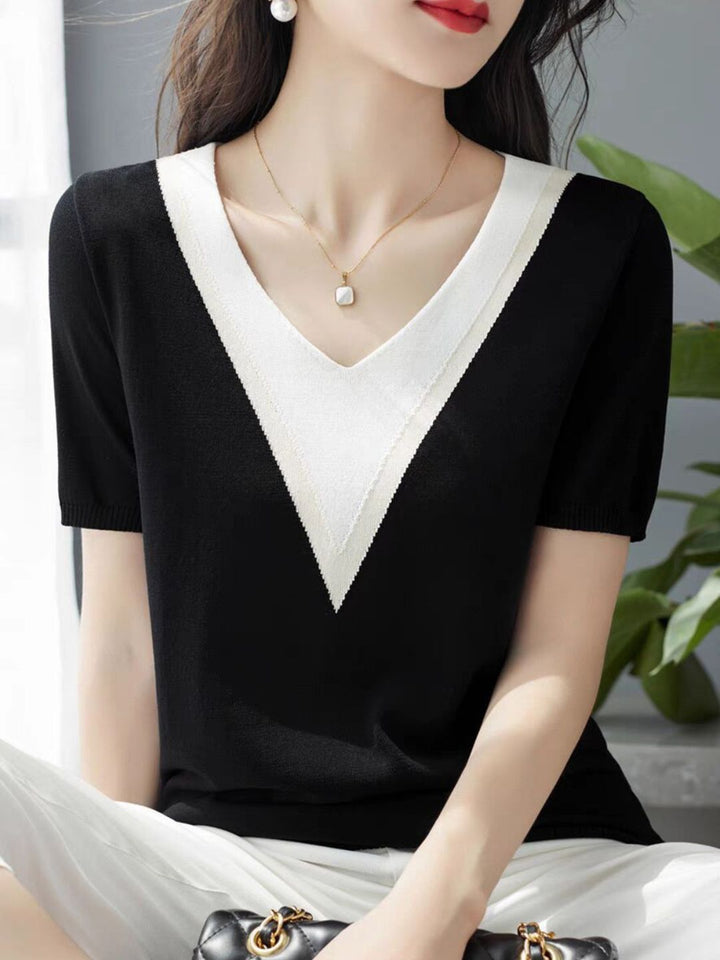 Retro V-Neck Colorblock Loose Top