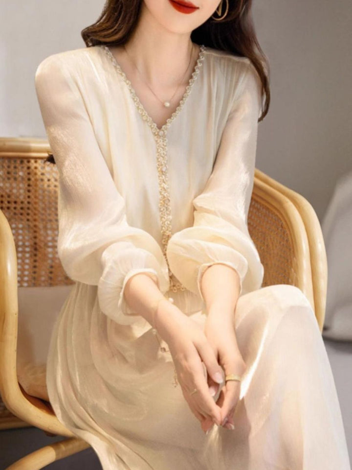 Elegant V-Neck Long-Sleeved Dress