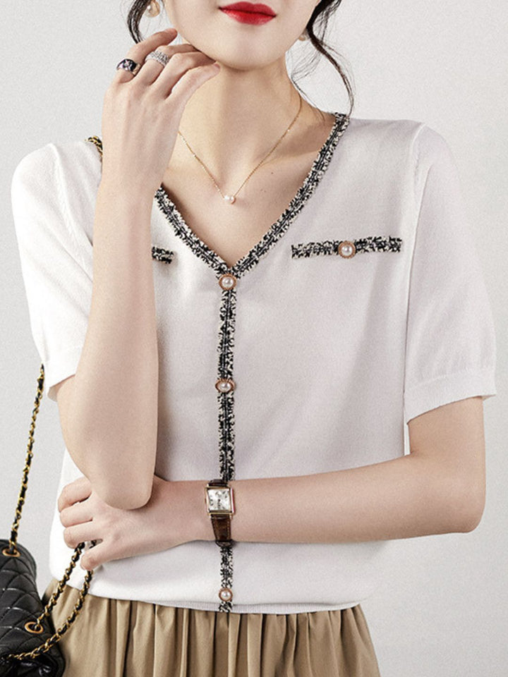 Classic Loose V-Neck Fringe Panel Top