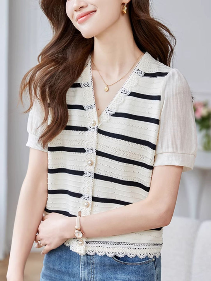 Striped Knit Cardigan Hollow Puff Sleeve Top