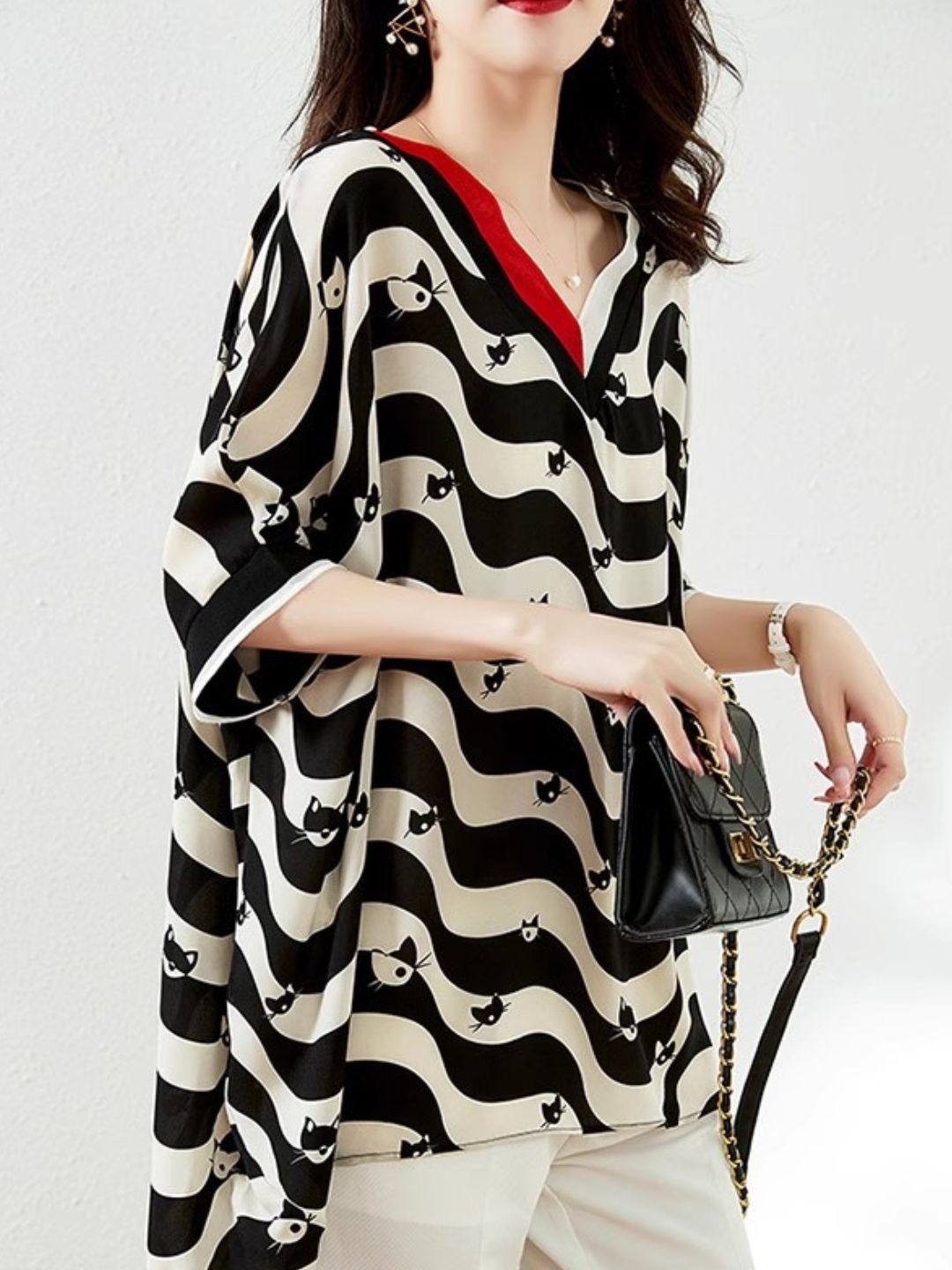 V-neck Striped Mid-sleeve Chiffon Shirt