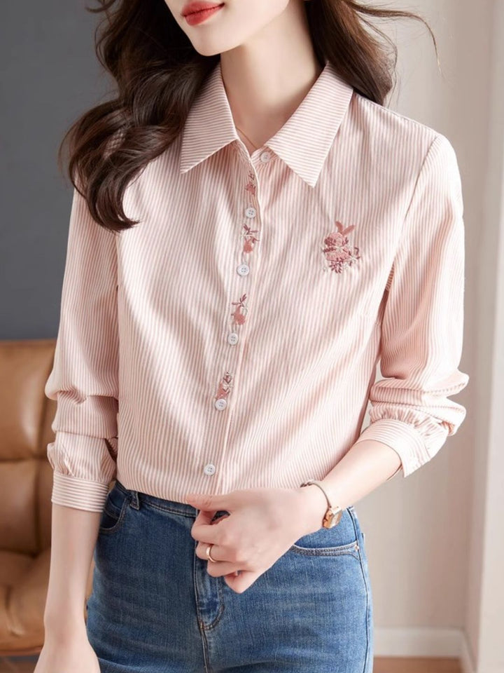 Lapel Stripe Embroidered Shirt