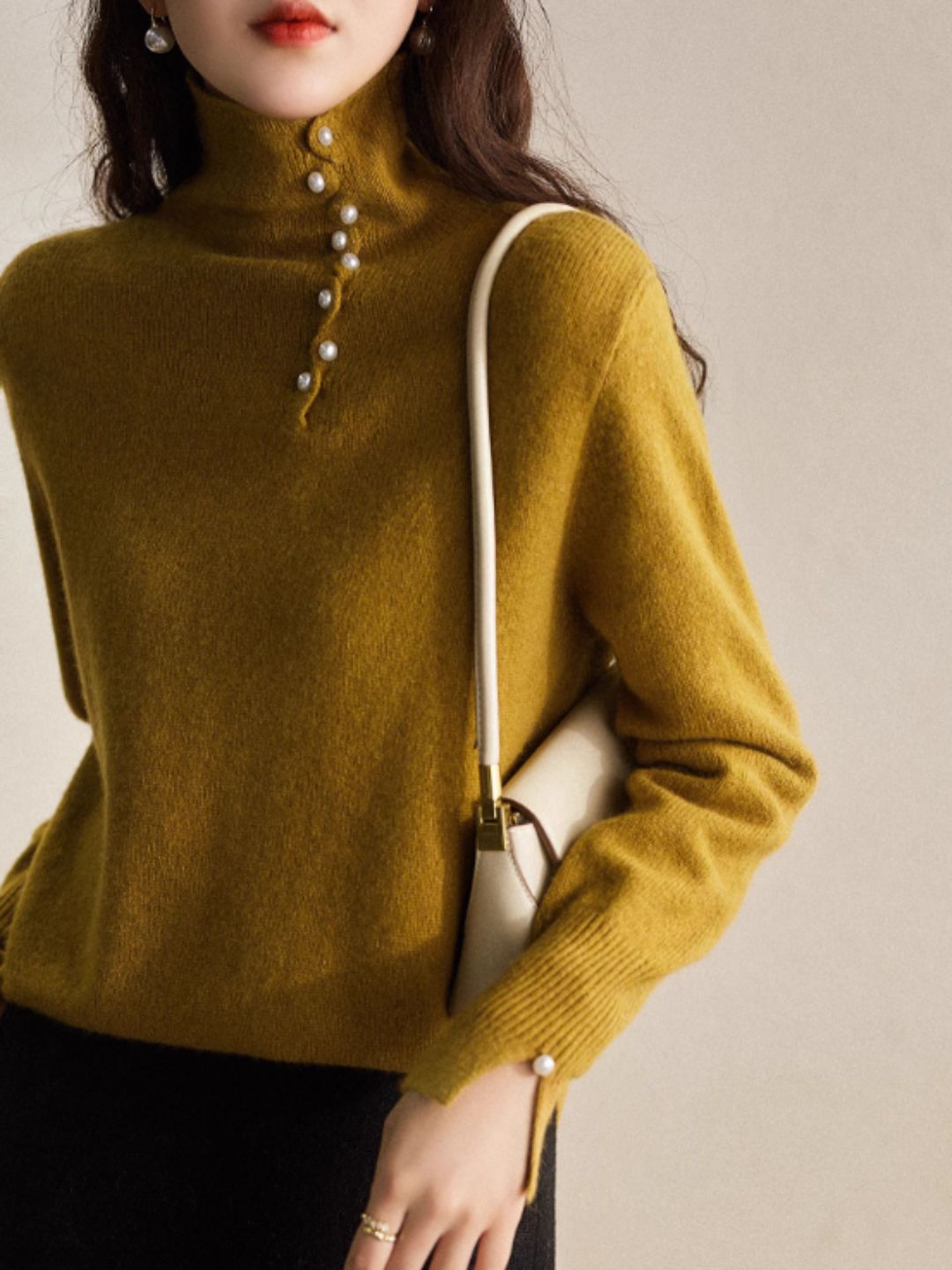 Buttoned Turtleneck Knitted Sweater - Blue