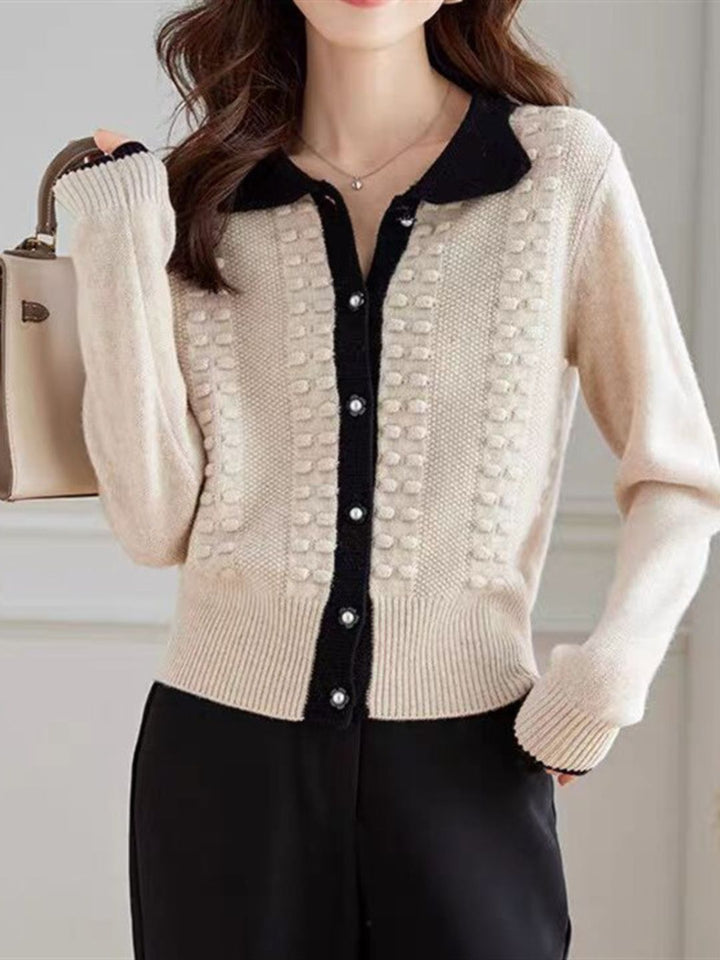 Retro Lapel Contrasting Knitted Cardigan