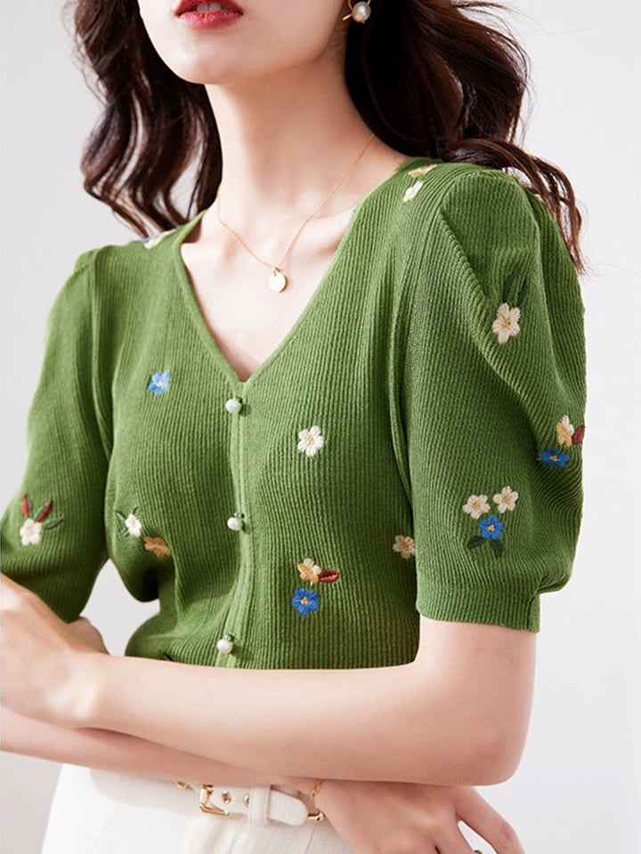 Embroidered Flower Knitted V-neck T-shirt - Green