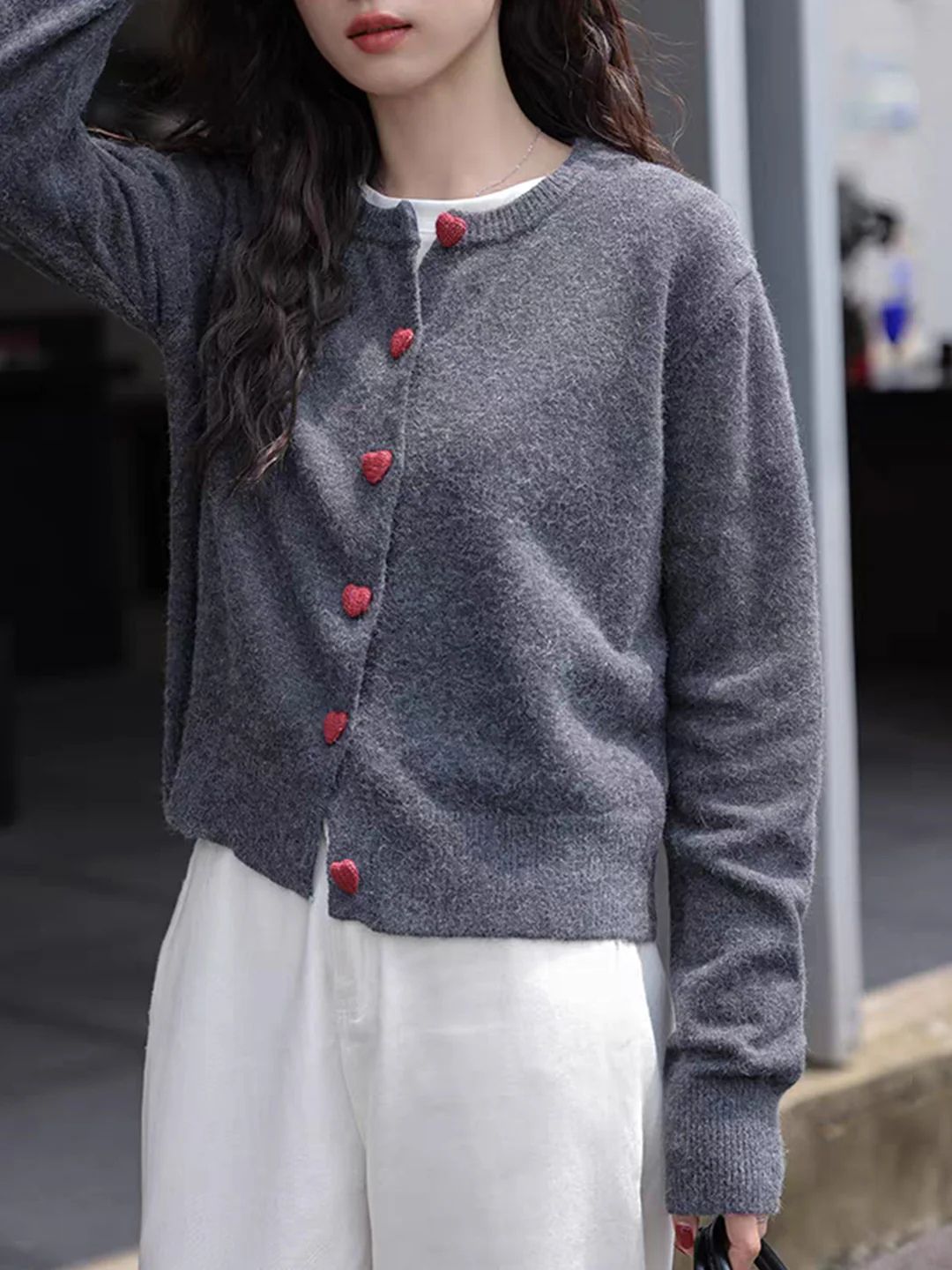 Elegant Crew Neck Heart Button Knitted Cardigan