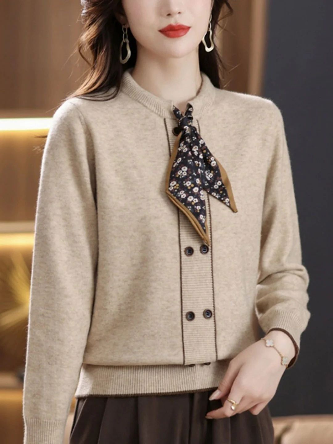 Classic Solid Color Bow Scarf Knitted Sweater