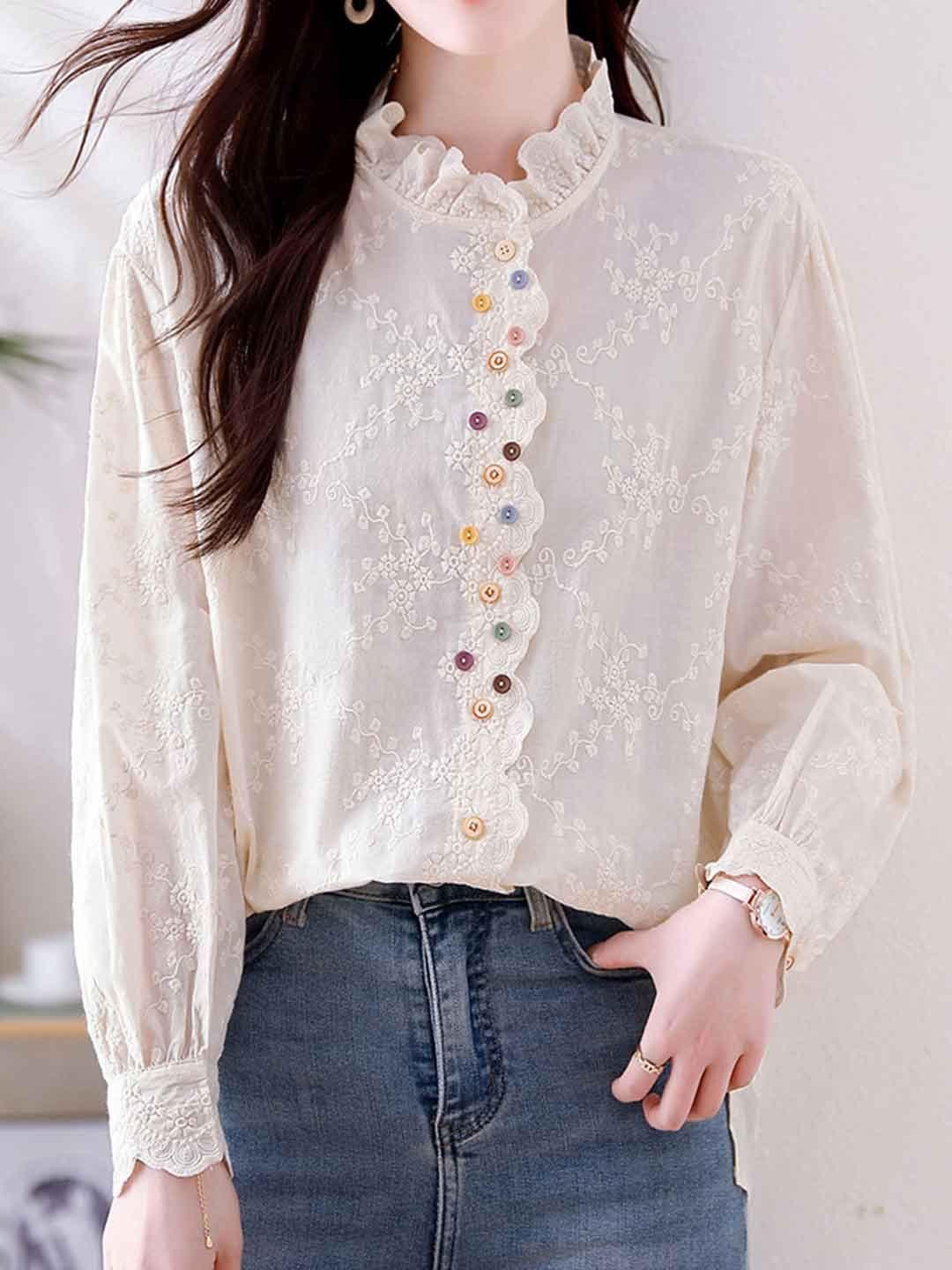 Classic Solid Color Hollowed Embroidered Top