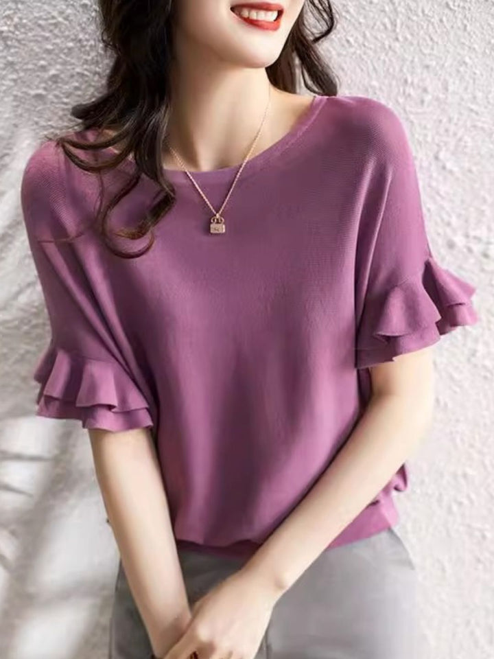 Elegant Ruffle Sleeves Crew Neck Knit Top