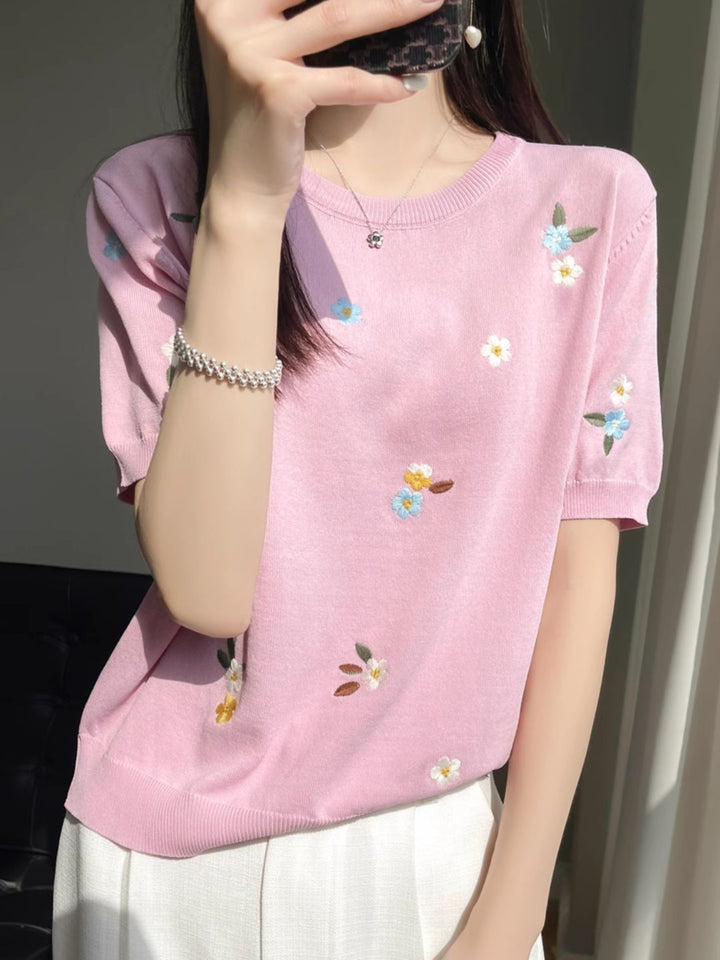 Crew Neck Embroidered Knitted Short Sleeves - Pink