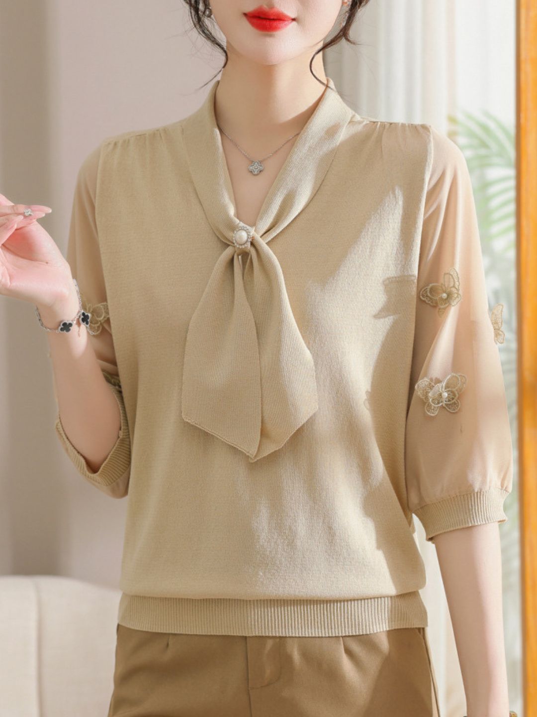 Ribbon Scarf Collar Gauze Sleeve Knitted Top