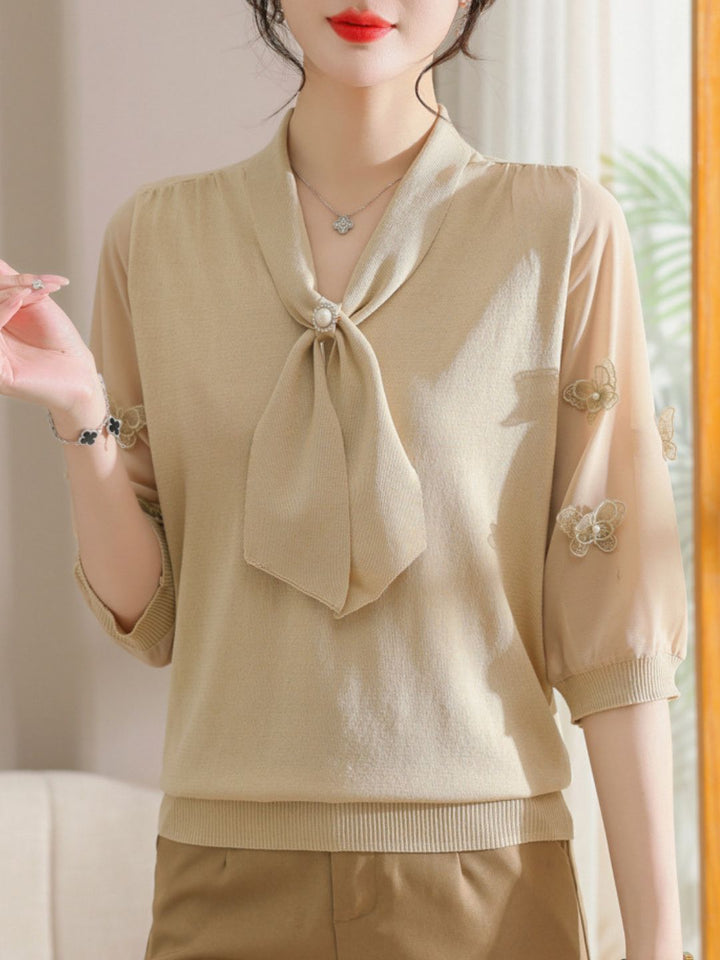 Ribbon Scarf Collar Gauze Sleeve Knitted Top