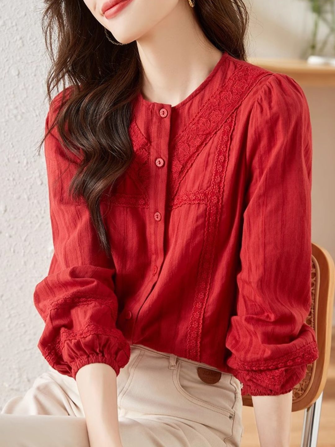 Versatile Lace Long Sleeve Shirt - Red