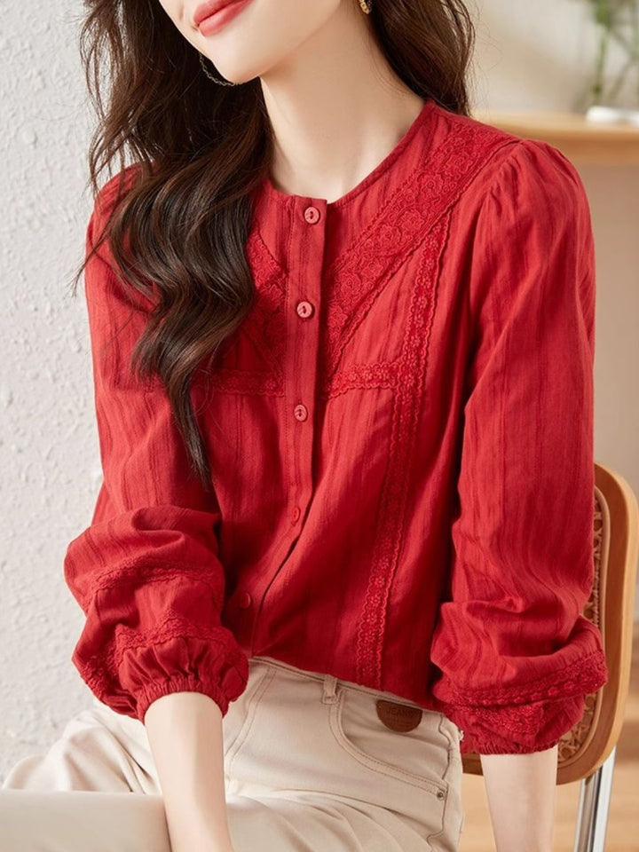 Versatile Lace Long Sleeve Shirt - Red