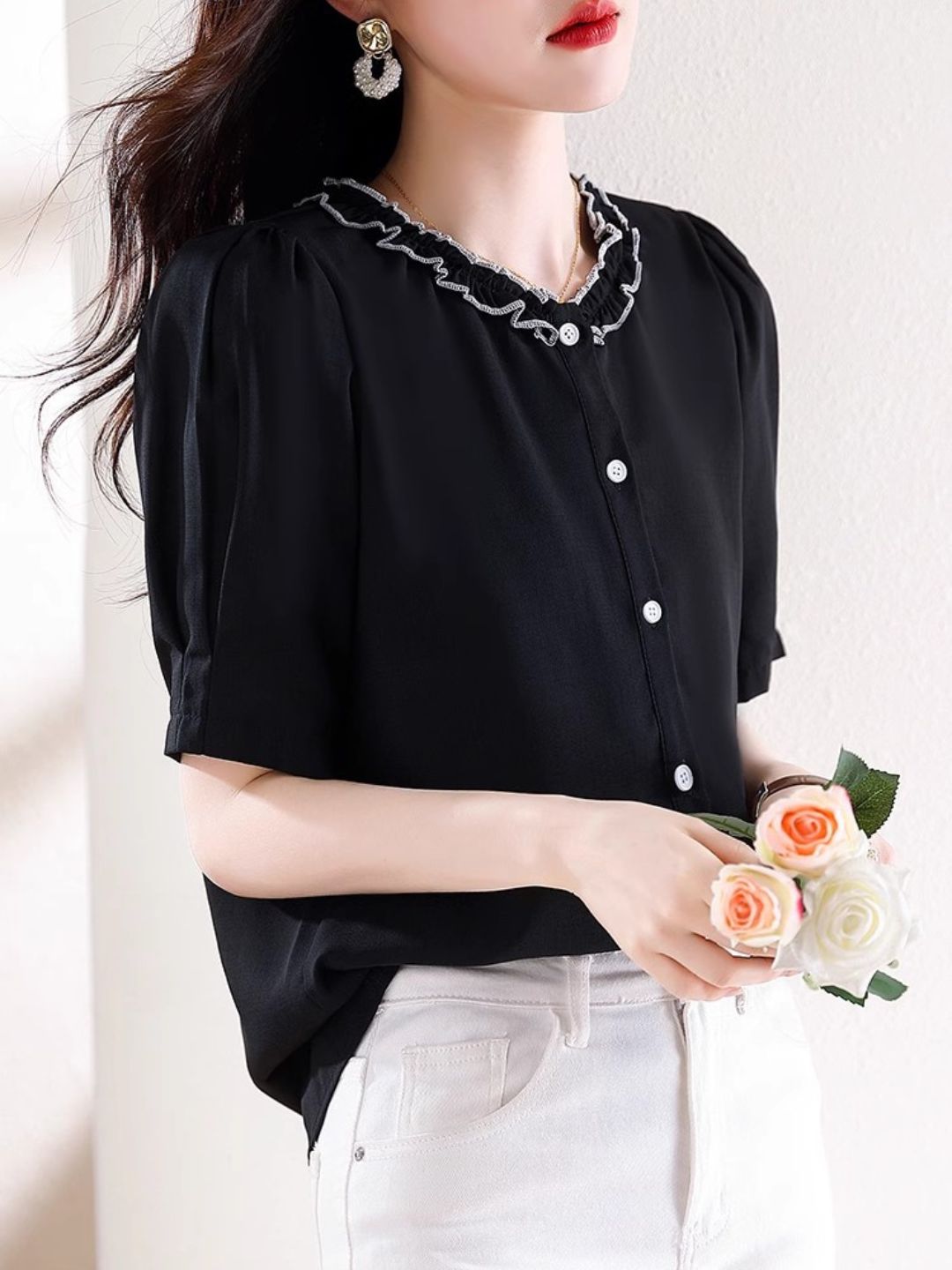 Versatile Chiffon Short-sleeved Shirt - Black