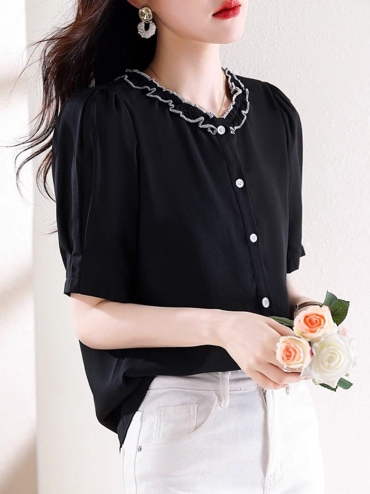 Versatile Chiffon Short-sleeved Shirt - Black