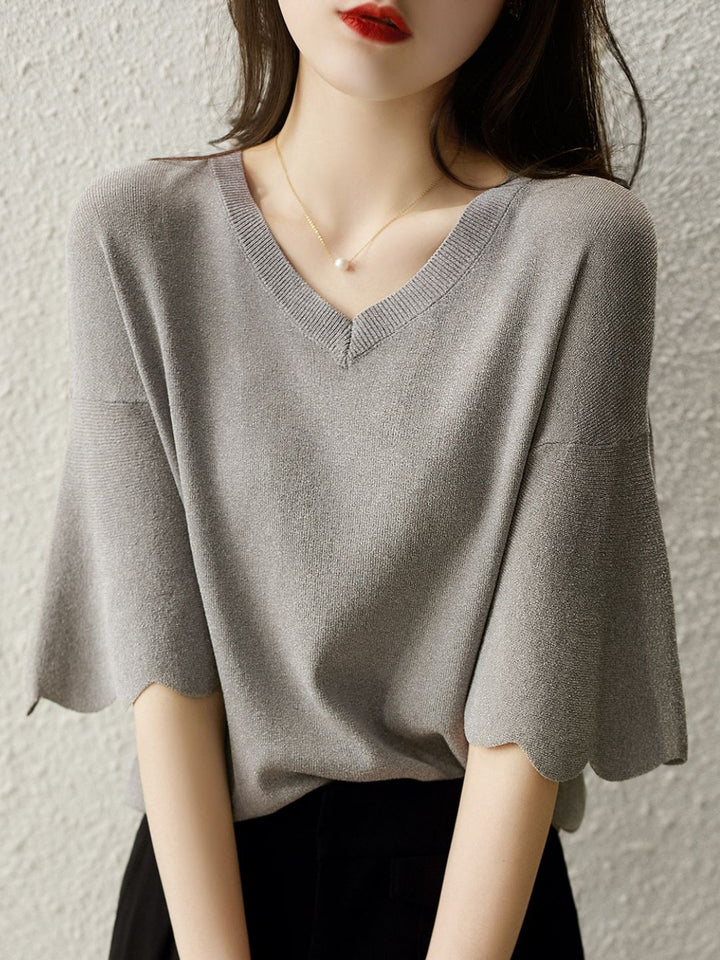 Flared Petal Sleeves V-Neck Top