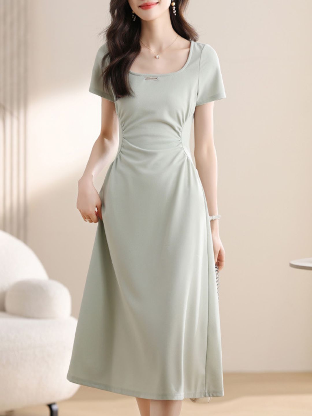 Solid Color Square Neck Dress